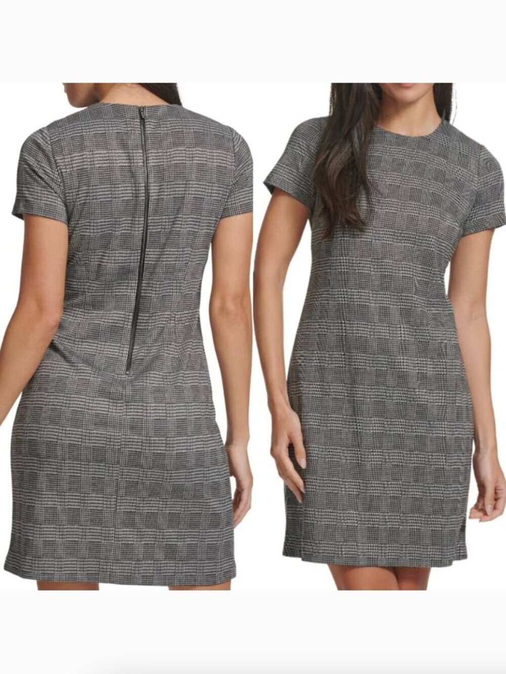 CALVIN KLEIN Short Sleeve Printed " A-Line Dress " Gray Black Houndstooth Sheath